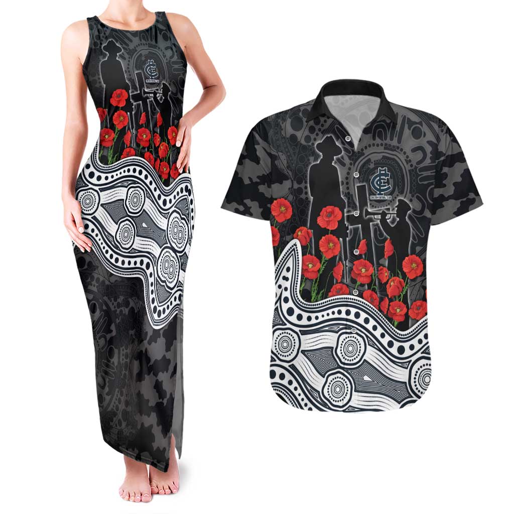 Carlton Blues ANZAC Day Couples Matching Tank Maxi Dress and Hawaiian Shirt Indigenous Dot Art with Poppy Flower Tribute