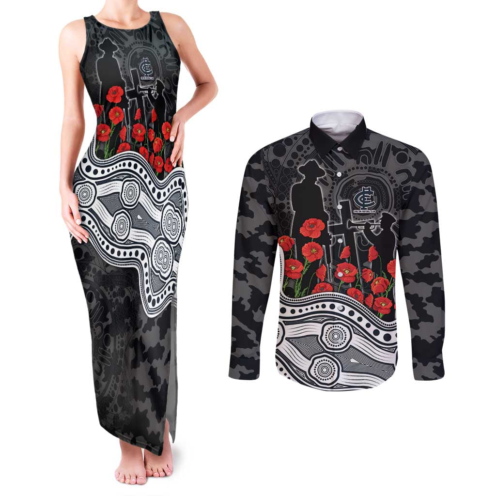 Carlton Blues ANZAC Day Couples Matching Tank Maxi Dress and Long Sleeve Button Shirt Indigenous Dot Art with Poppy Flower Tribute
