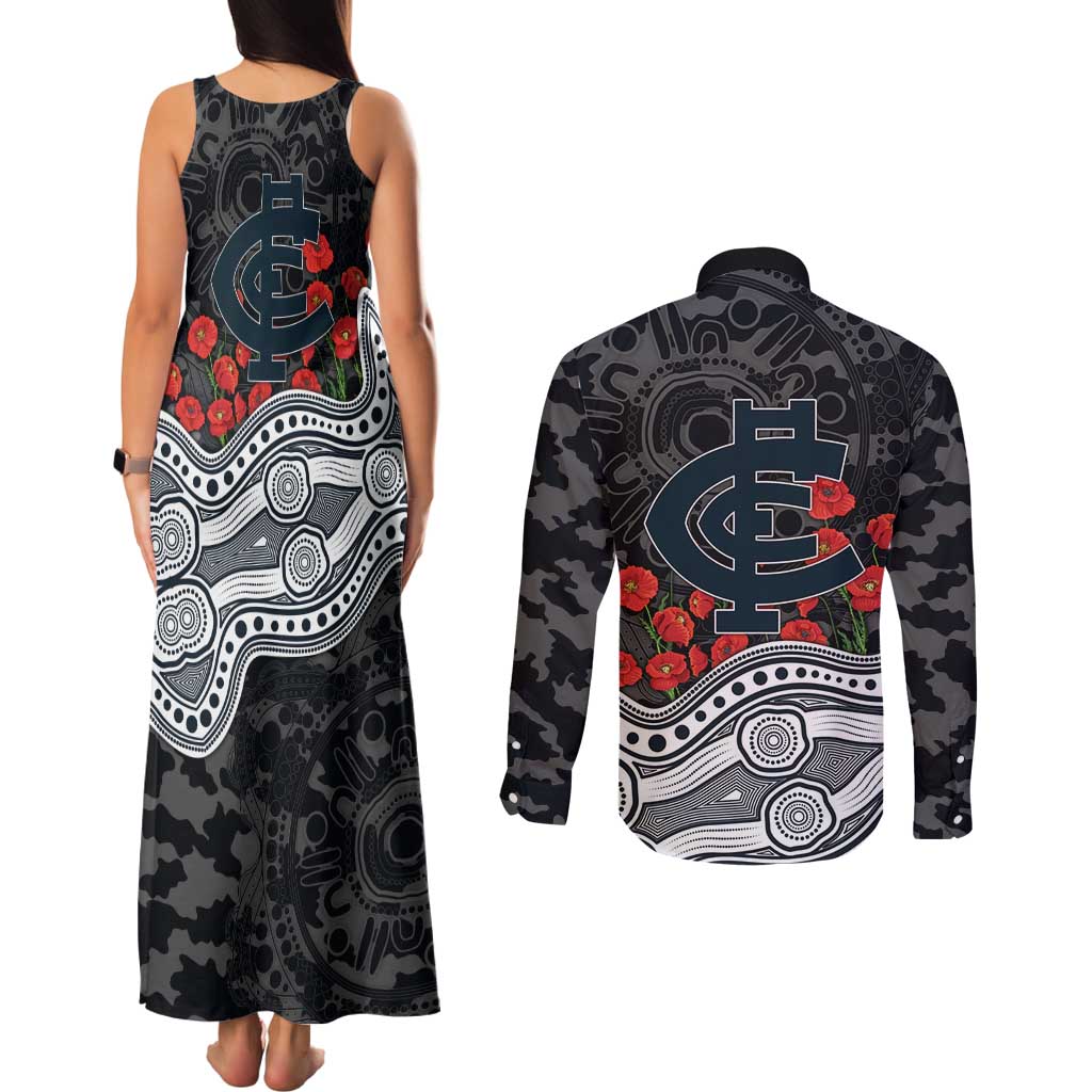 Carlton Blues ANZAC Day Couples Matching Tank Maxi Dress and Long Sleeve Button Shirt Indigenous Dot Art with Poppy Flower Tribute