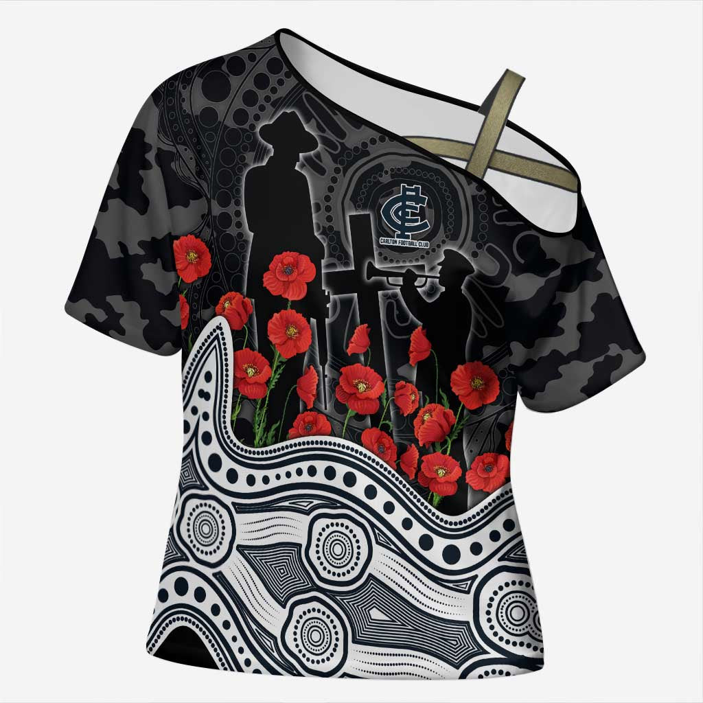 Carlton Blues ANZAC Day Cross Shoulder Shirt Indigenous Dot Art with Poppy Flower Tribute