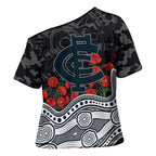 Carlton Blues ANZAC Day Cross Shoulder Shirt Indigenous Dot Art with Poppy Flower Tribute