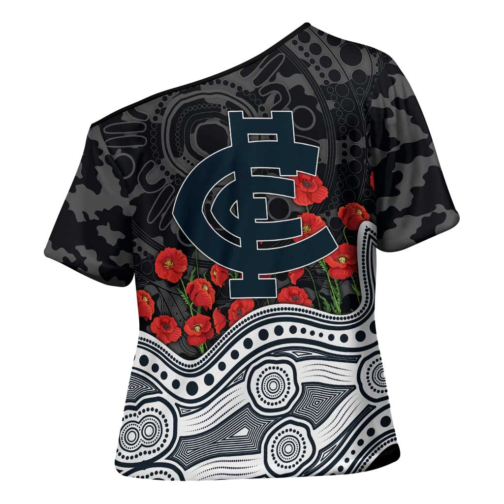 Carlton Blues ANZAC Day Cross Shoulder Shirt Indigenous Dot Art with Poppy Flower Tribute