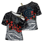 Carlton Blues ANZAC Day Cross Shoulder Shirt Indigenous Dot Art with Poppy Flower Tribute