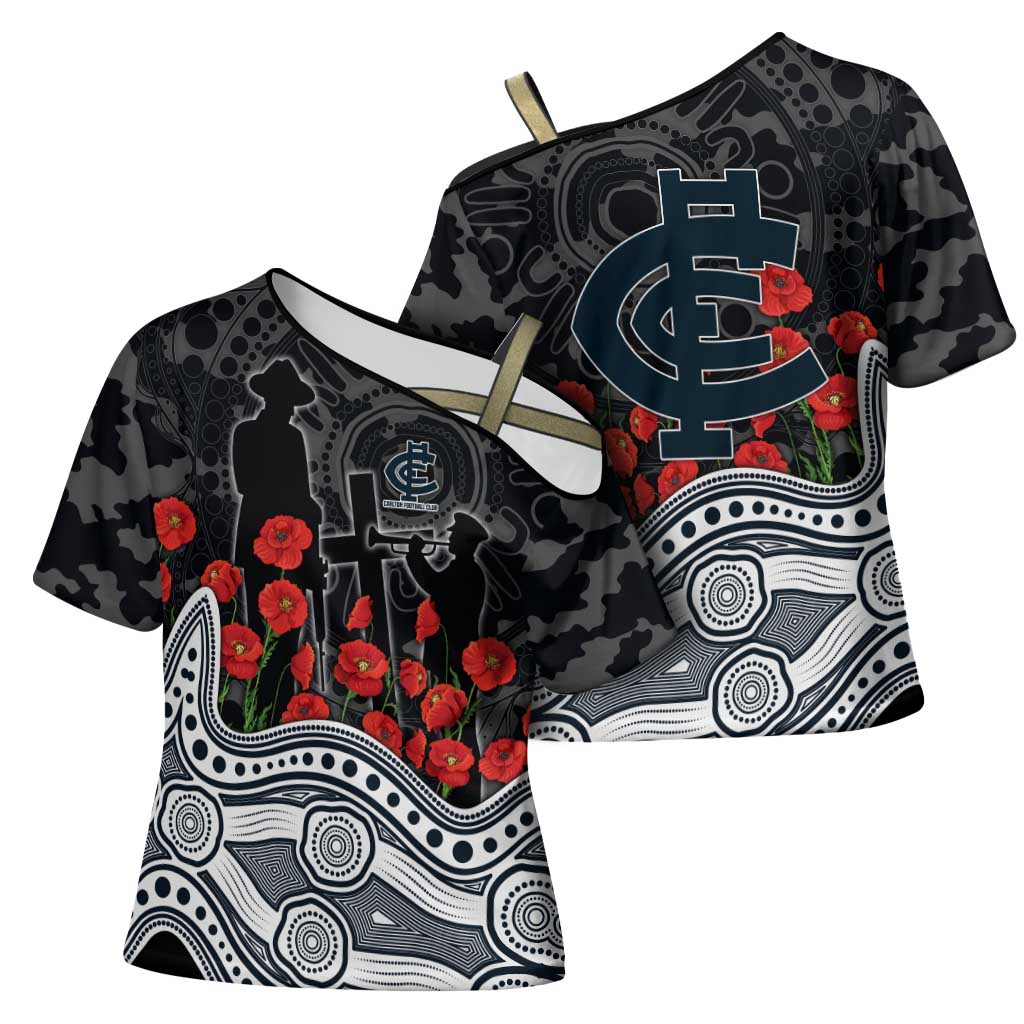 Carlton Blues ANZAC Day Cross Shoulder Shirt Indigenous Dot Art with Poppy Flower Tribute