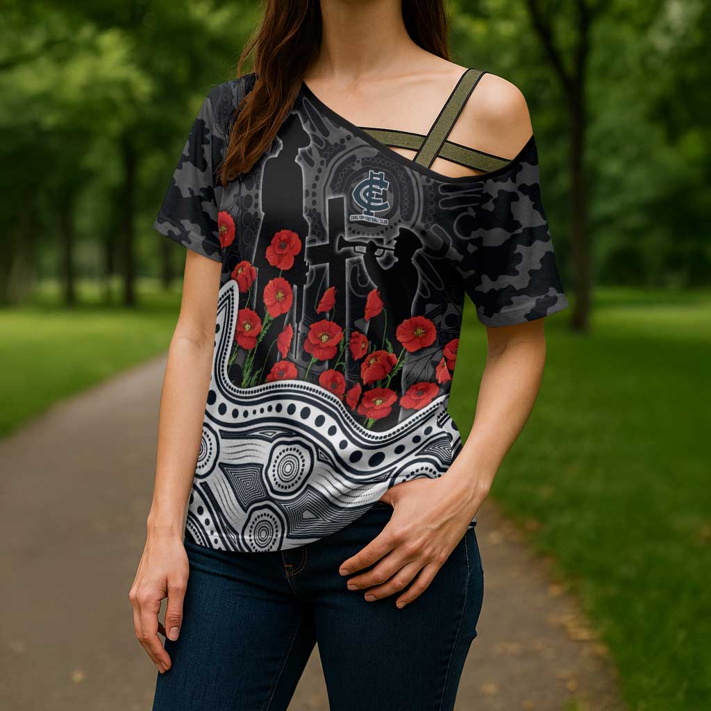 Carlton Blues ANZAC Day Cross Shoulder Shirt Indigenous Dot Art with Poppy Flower Tribute