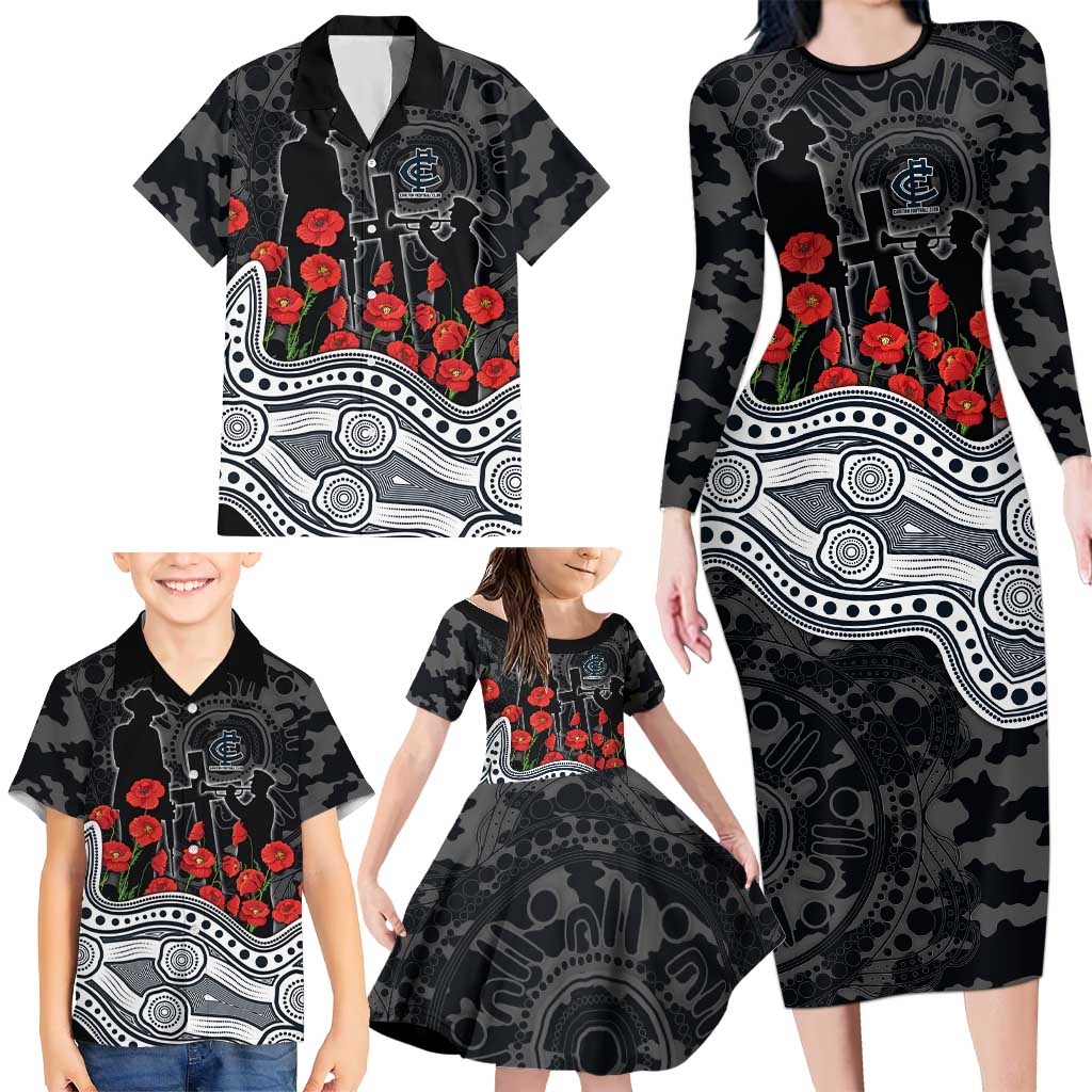 Carlton Blues ANZAC Day Family Matching Long Sleeve Bodycon Dress and Hawaiian Shirt Indigenous Dot Art with Poppy Flower Tribute