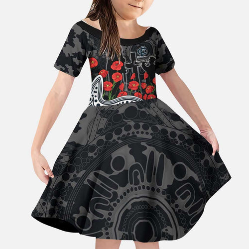 Carlton Blues ANZAC Day Family Matching Long Sleeve Bodycon Dress and Hawaiian Shirt Indigenous Dot Art with Poppy Flower Tribute