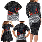 Carlton Blues ANZAC Day Family Matching Long Sleeve Bodycon Dress and Hawaiian Shirt Indigenous Dot Art with Poppy Flower Tribute