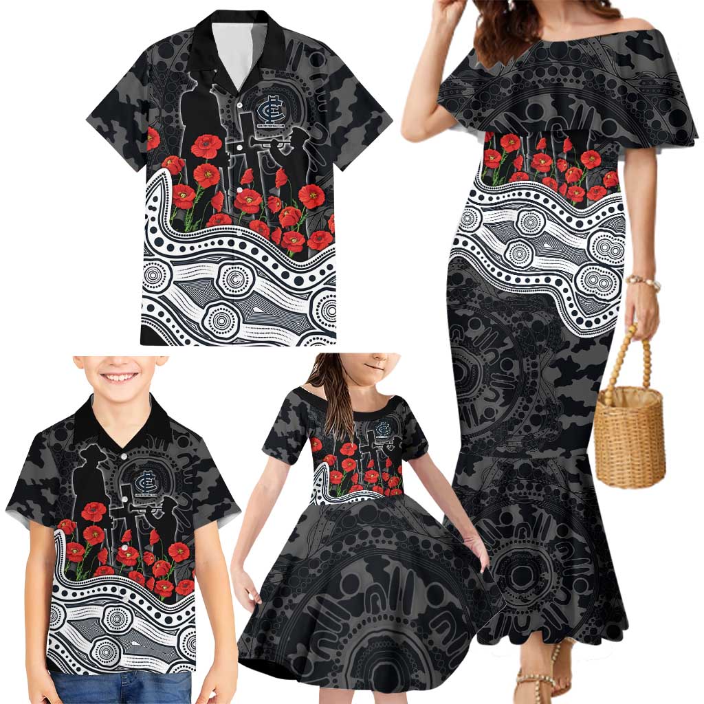 Carlton Blues ANZAC Day Family Matching Mermaid Dress and Hawaiian Shirt Indigenous Dot Art with Poppy Flower Tribute