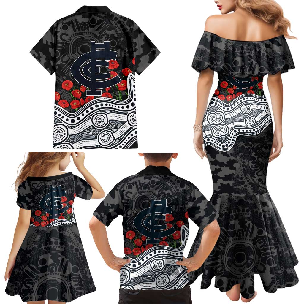 Carlton Blues ANZAC Day Family Matching Mermaid Dress and Hawaiian Shirt Indigenous Dot Art with Poppy Flower Tribute