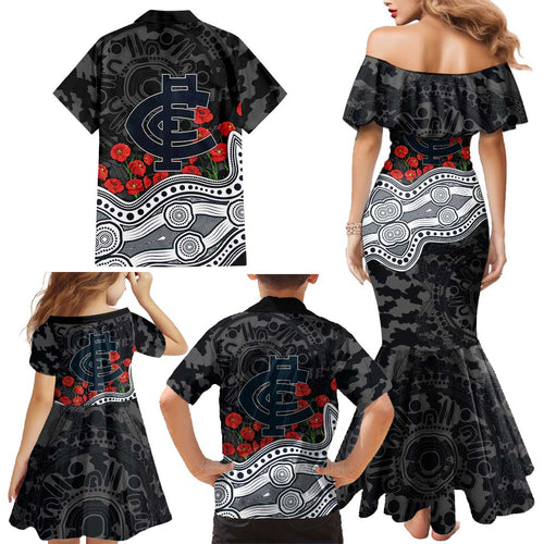 Carlton Blues ANZAC Day Family Matching Mermaid Dress and Hawaiian Shirt Indigenous Dot Art with Poppy Flower Tribute