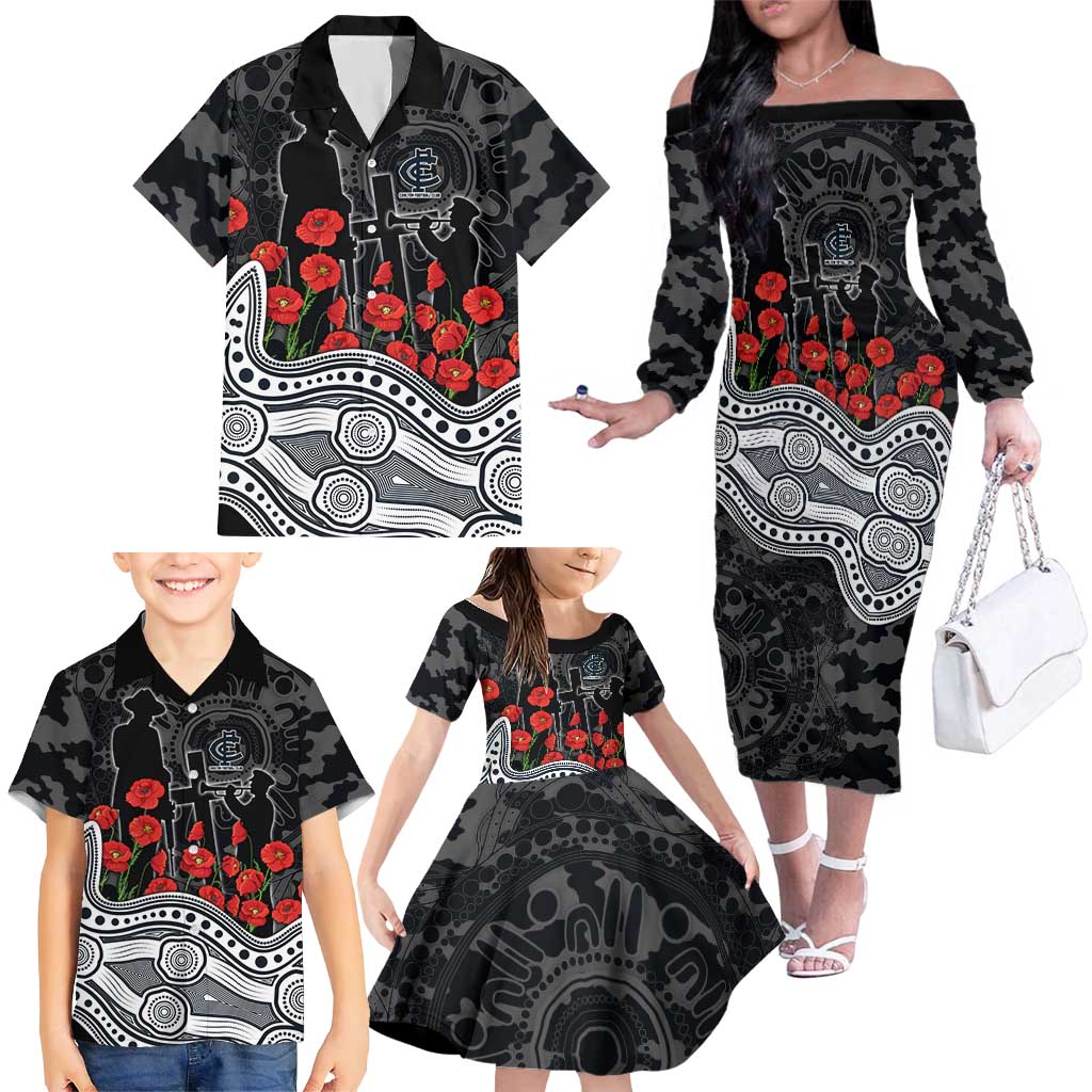 Carlton Blues ANZAC Day Family Matching Off The Shoulder Long Sleeve Dress and Hawaiian Shirt Indigenous Dot Art with Poppy Flower Tribute