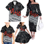 Carlton Blues ANZAC Day Family Matching Off The Shoulder Long Sleeve Dress and Hawaiian Shirt Indigenous Dot Art with Poppy Flower Tribute