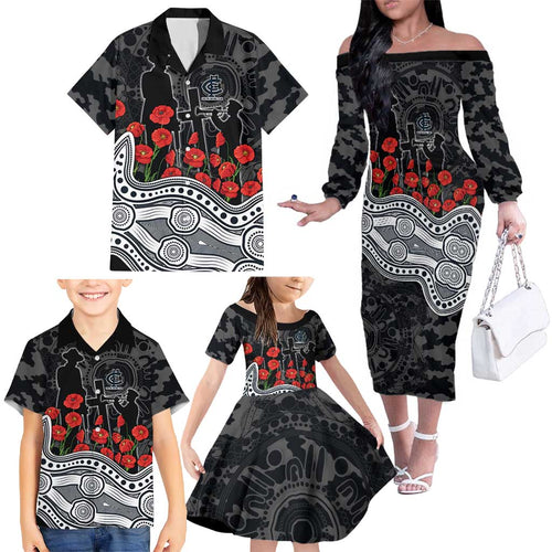 Carlton Blues ANZAC Day Family Matching Off The Shoulder Long Sleeve Dress and Hawaiian Shirt Indigenous Dot Art with Poppy Flower Tribute