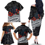 Carlton Blues ANZAC Day Family Matching Off The Shoulder Long Sleeve Dress and Hawaiian Shirt Indigenous Dot Art with Poppy Flower Tribute