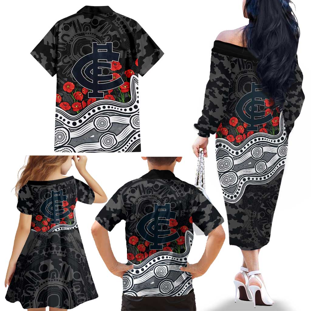 Carlton Blues ANZAC Day Family Matching Off The Shoulder Long Sleeve Dress and Hawaiian Shirt Indigenous Dot Art with Poppy Flower Tribute