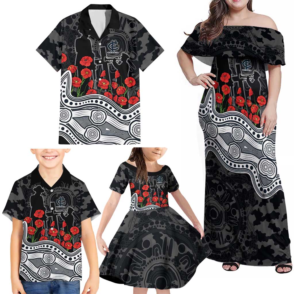Carlton Blues ANZAC Day Family Matching Off Shoulder Maxi Dress and Hawaiian Shirt Indigenous Dot Art with Poppy Flower Tribute