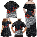 Carlton Blues ANZAC Day Family Matching Off Shoulder Maxi Dress and Hawaiian Shirt Indigenous Dot Art with Poppy Flower Tribute