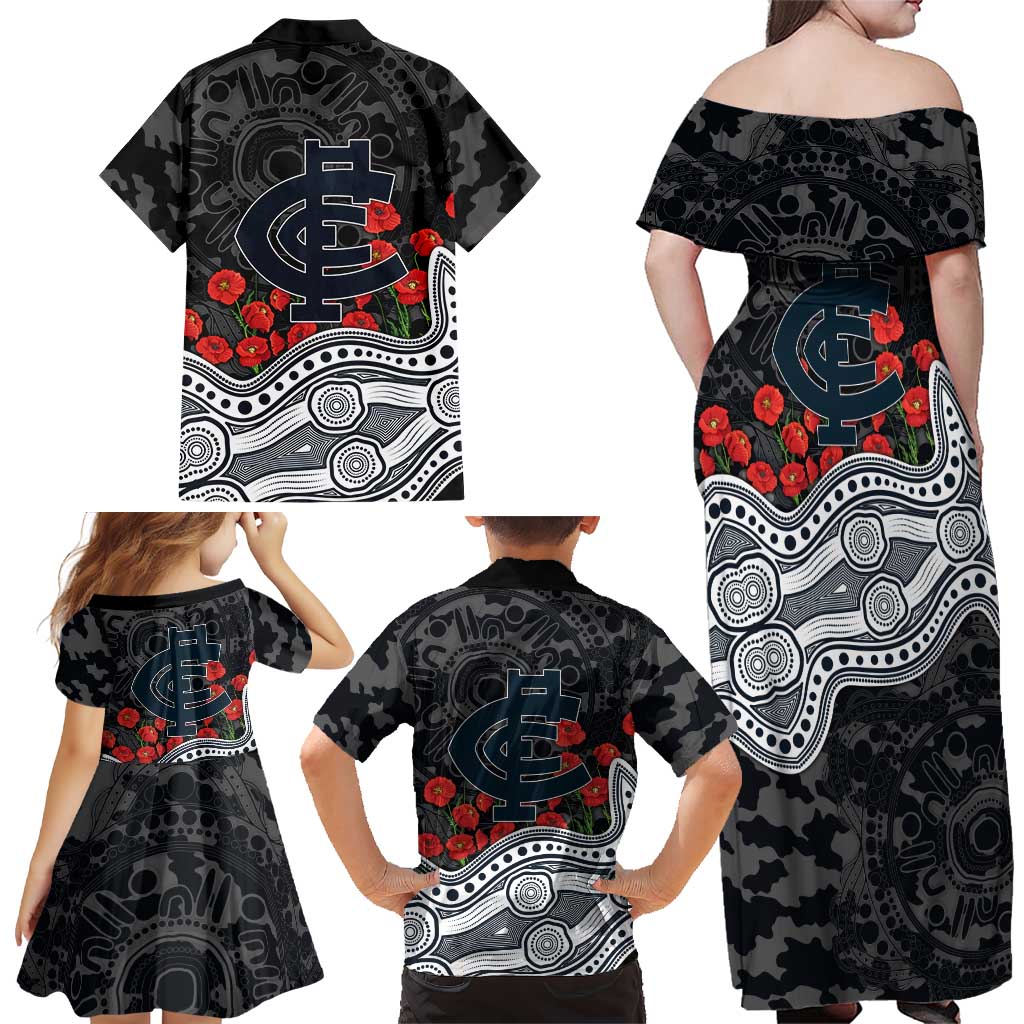 Carlton Blues ANZAC Day Family Matching Off Shoulder Maxi Dress and Hawaiian Shirt Indigenous Dot Art with Poppy Flower Tribute