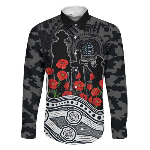 Carlton Blues ANZAC Day Family Matching Off Shoulder Maxi Dress and Hawaiian Shirt Indigenous Dot Art with Poppy Flower Tribute