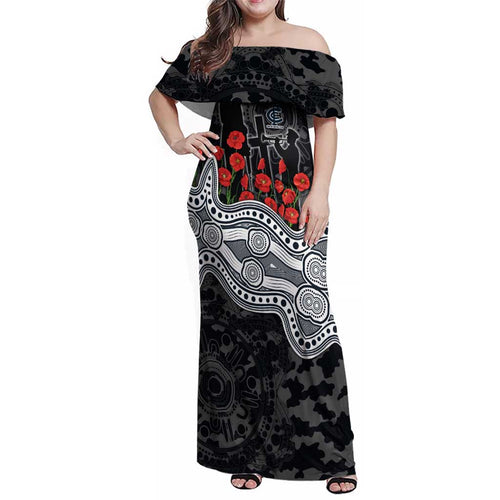 Carlton Blues ANZAC Day Family Matching Off Shoulder Maxi Dress and Hawaiian Shirt Indigenous Dot Art with Poppy Flower Tribute