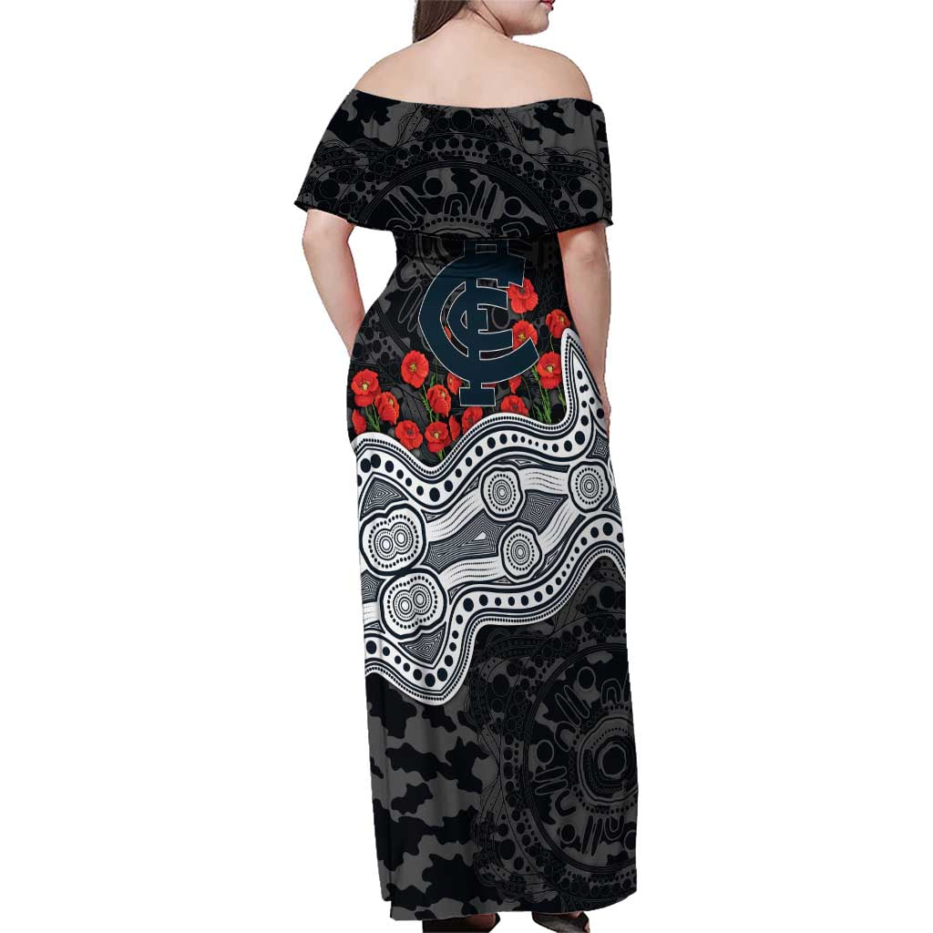 Carlton Blues ANZAC Day Family Matching Off Shoulder Maxi Dress and Hawaiian Shirt Indigenous Dot Art with Poppy Flower Tribute