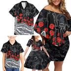 Carlton Blues ANZAC Day Family Matching Off Shoulder Short Dress and Hawaiian Shirt Indigenous Dot Art with Poppy Flower Tribute