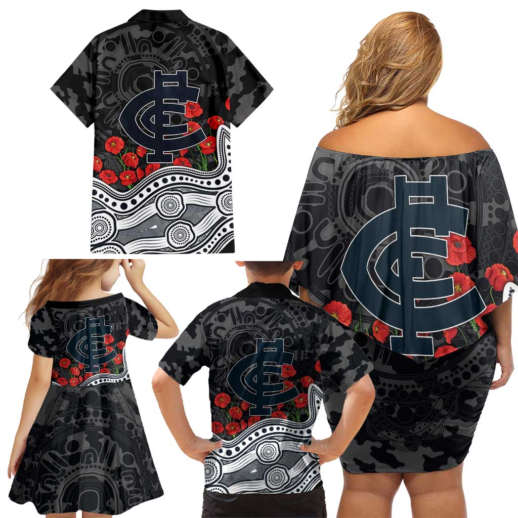 Carlton Blues ANZAC Day Family Matching Off Shoulder Short Dress and Hawaiian Shirt Indigenous Dot Art with Poppy Flower Tribute