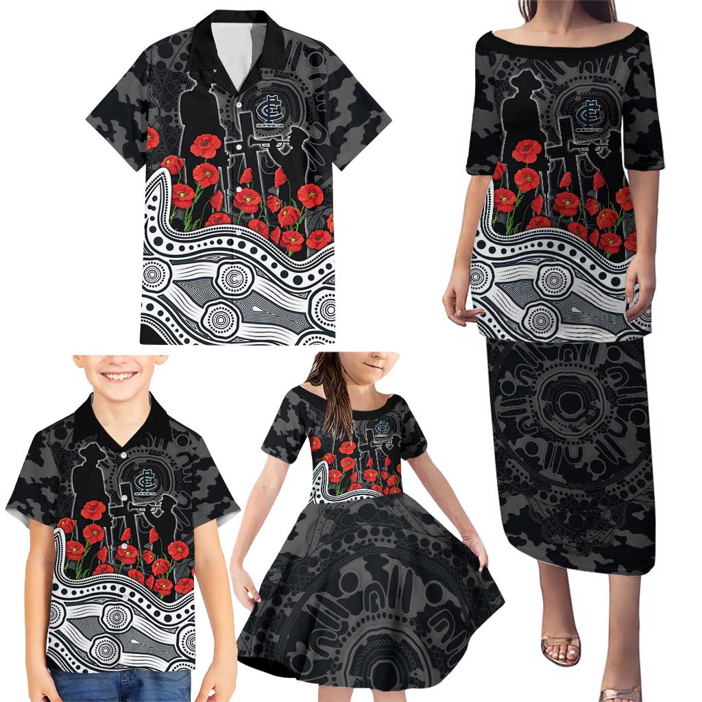 Carlton Blues ANZAC Day Family Matching Puletasi and Hawaiian Shirt Indigenous Dot Art with Poppy Flower Tribute