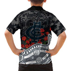 Carlton Blues ANZAC Day Family Matching Puletasi and Hawaiian Shirt Indigenous Dot Art with Poppy Flower Tribute