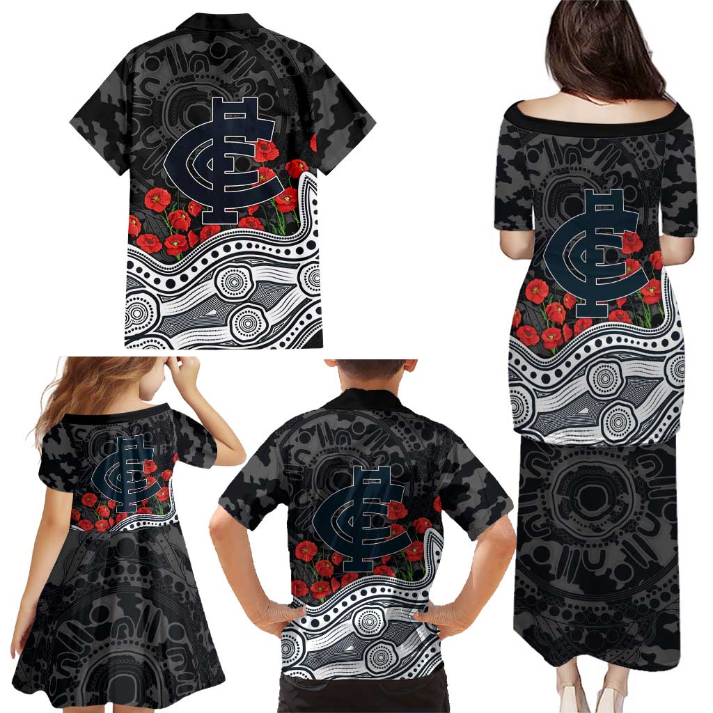Carlton Blues ANZAC Day Family Matching Puletasi and Hawaiian Shirt Indigenous Dot Art with Poppy Flower Tribute