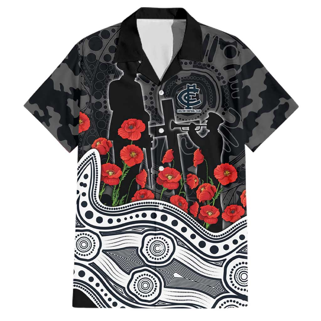 Carlton Blues ANZAC Day Family Matching Puletasi and Hawaiian Shirt Indigenous Dot Art with Poppy Flower Tribute