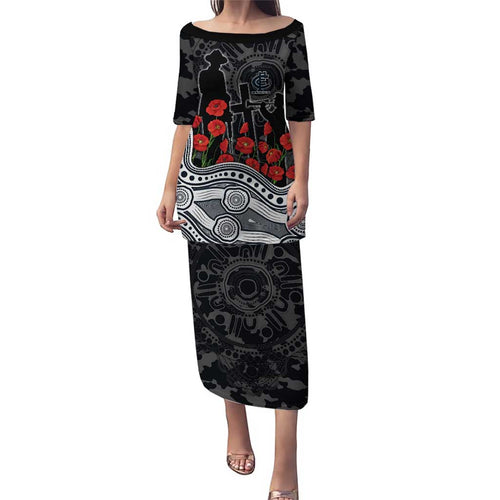 Carlton Blues ANZAC Day Family Matching Puletasi and Hawaiian Shirt Indigenous Dot Art with Poppy Flower Tribute