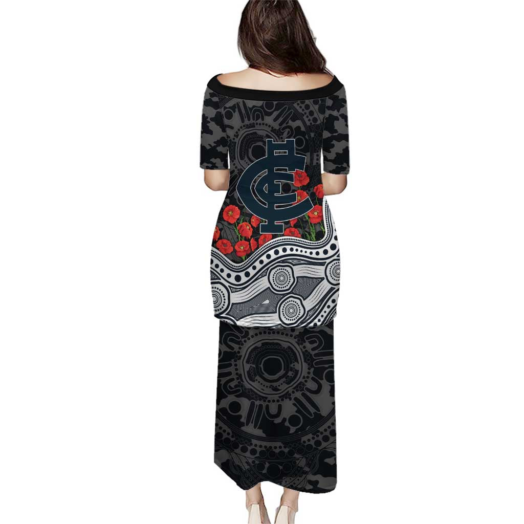 Carlton Blues ANZAC Day Family Matching Puletasi and Hawaiian Shirt Indigenous Dot Art with Poppy Flower Tribute