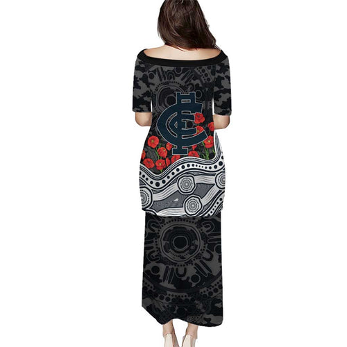 Carlton Blues ANZAC Day Family Matching Puletasi and Hawaiian Shirt Indigenous Dot Art with Poppy Flower Tribute