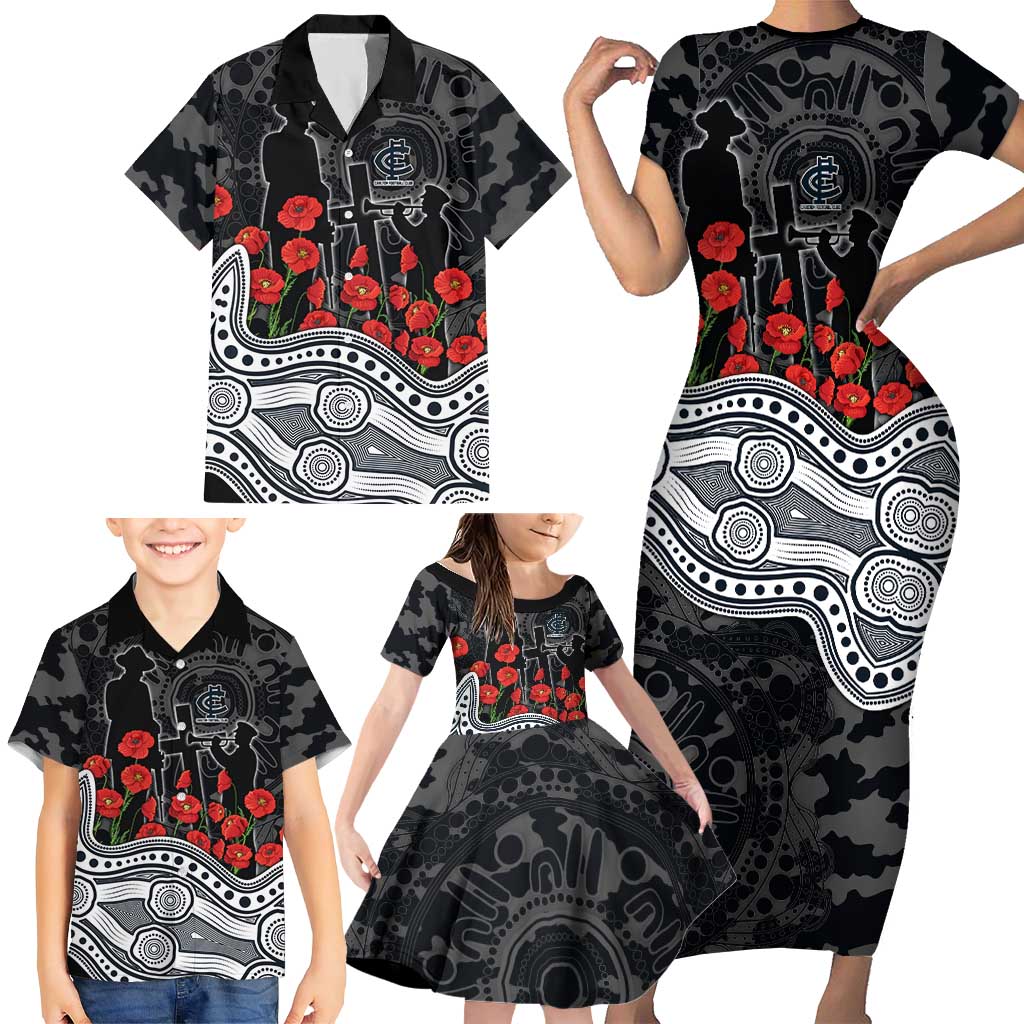Carlton Blues ANZAC Day Family Matching Short Sleeve Bodycon Dress and Hawaiian Shirt Indigenous Dot Art with Poppy Flower Tribute