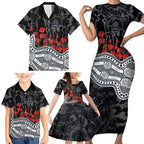 Carlton Blues ANZAC Day Family Matching Short Sleeve Bodycon Dress and Hawaiian Shirt Indigenous Dot Art with Poppy Flower Tribute