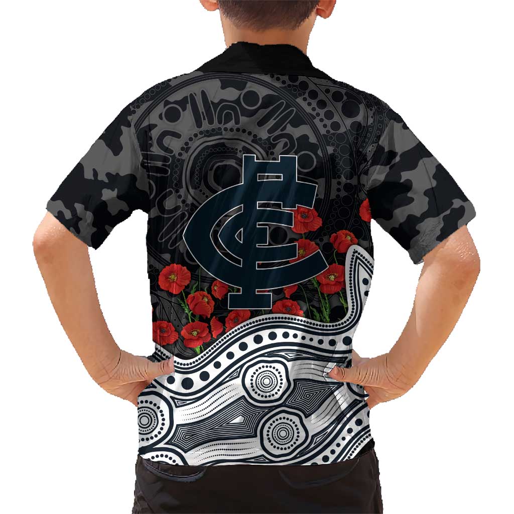 Carlton Blues ANZAC Day Family Matching Short Sleeve Bodycon Dress and Hawaiian Shirt Indigenous Dot Art with Poppy Flower Tribute