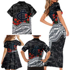 Carlton Blues ANZAC Day Family Matching Short Sleeve Bodycon Dress and Hawaiian Shirt Indigenous Dot Art with Poppy Flower Tribute