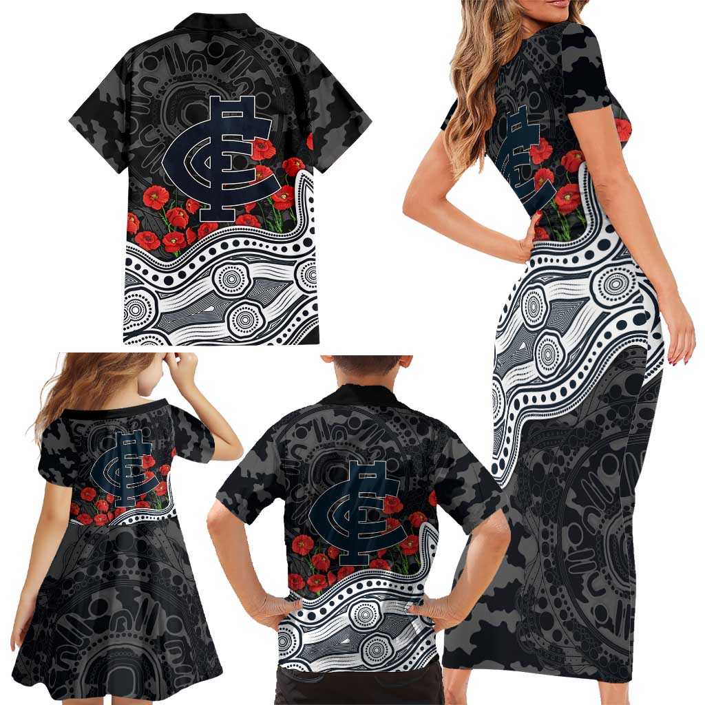 Carlton Blues ANZAC Day Family Matching Short Sleeve Bodycon Dress and Hawaiian Shirt Indigenous Dot Art with Poppy Flower Tribute