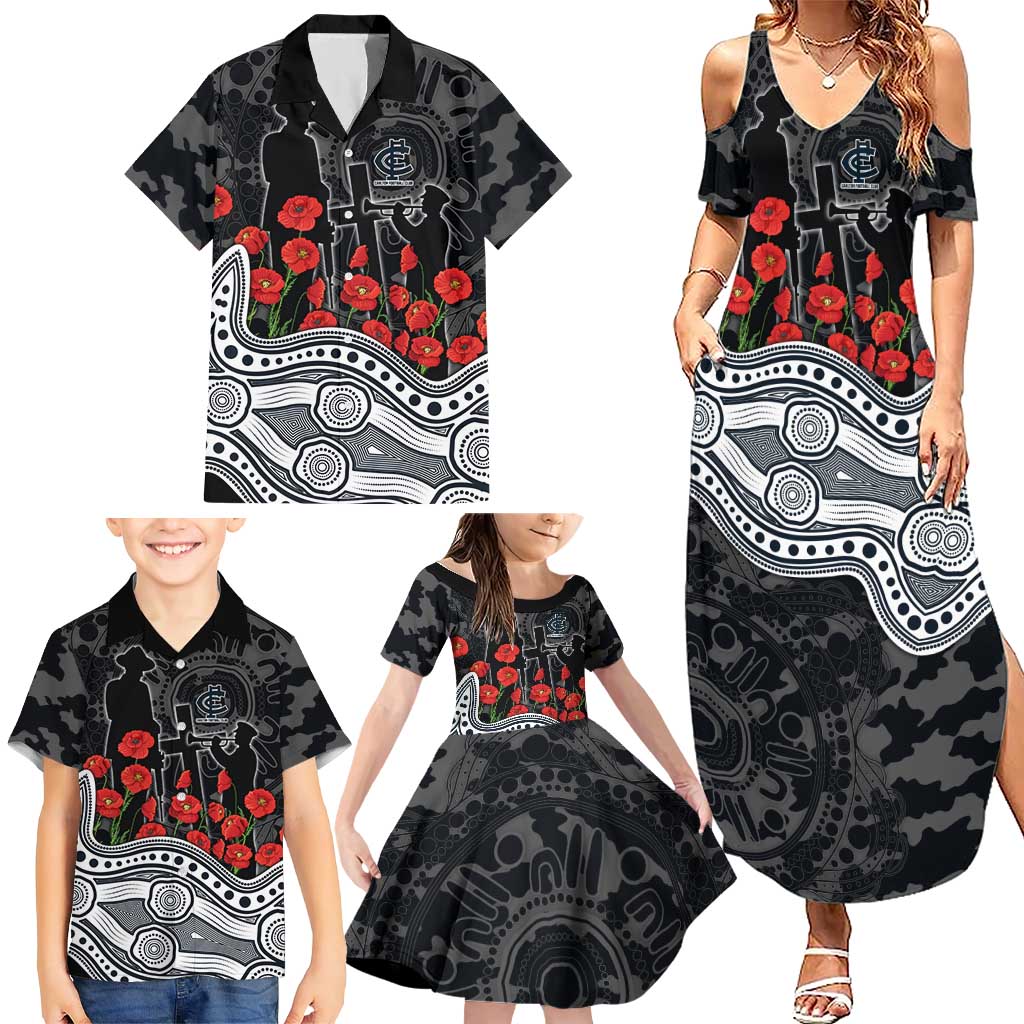 Carlton Blues ANZAC Day Family Matching Summer Maxi Dress and Hawaiian Shirt Indigenous Dot Art with Poppy Flower Tribute