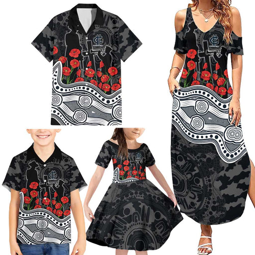 Carlton Blues ANZAC Day Family Matching Summer Maxi Dress and Hawaiian Shirt Indigenous Dot Art with Poppy Flower Tribute