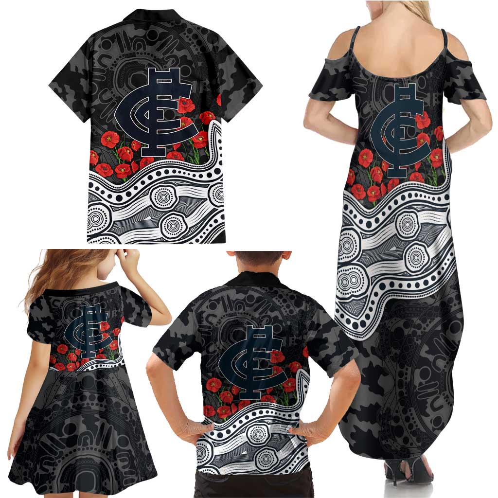Carlton Blues ANZAC Day Family Matching Summer Maxi Dress and Hawaiian Shirt Indigenous Dot Art with Poppy Flower Tribute