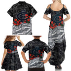 Carlton Blues ANZAC Day Family Matching Summer Maxi Dress and Hawaiian Shirt Indigenous Dot Art with Poppy Flower Tribute