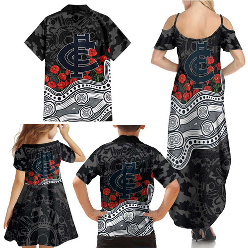 Carlton Blues ANZAC Day Family Matching Summer Maxi Dress and Hawaiian Shirt Indigenous Dot Art with Poppy Flower Tribute