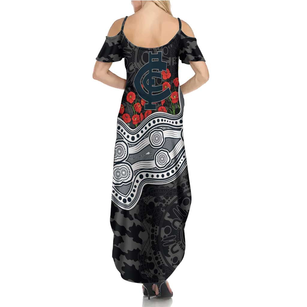Carlton Blues ANZAC Day Family Matching Summer Maxi Dress and Hawaiian Shirt Indigenous Dot Art with Poppy Flower Tribute