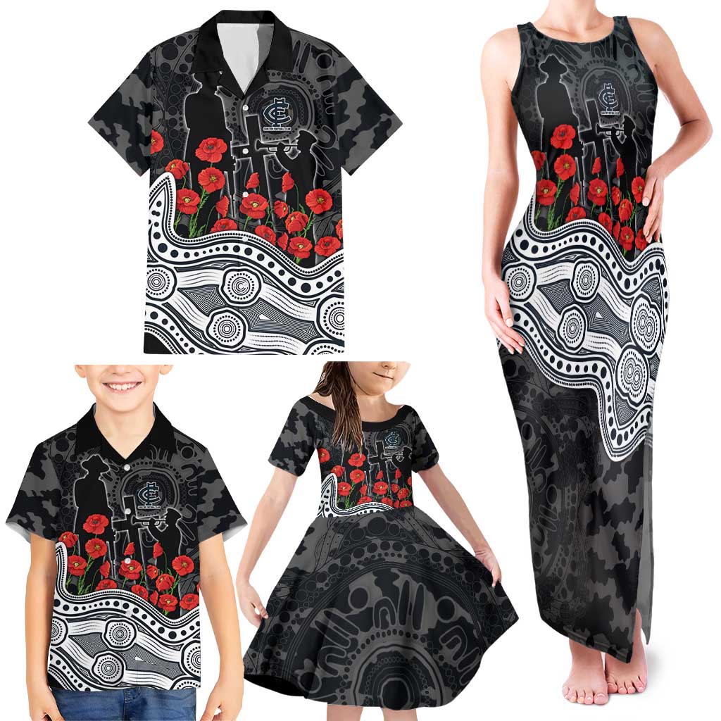 Carlton Blues ANZAC Day Family Matching Tank Maxi Dress and Hawaiian Shirt Indigenous Dot Art with Poppy Flower Tribute