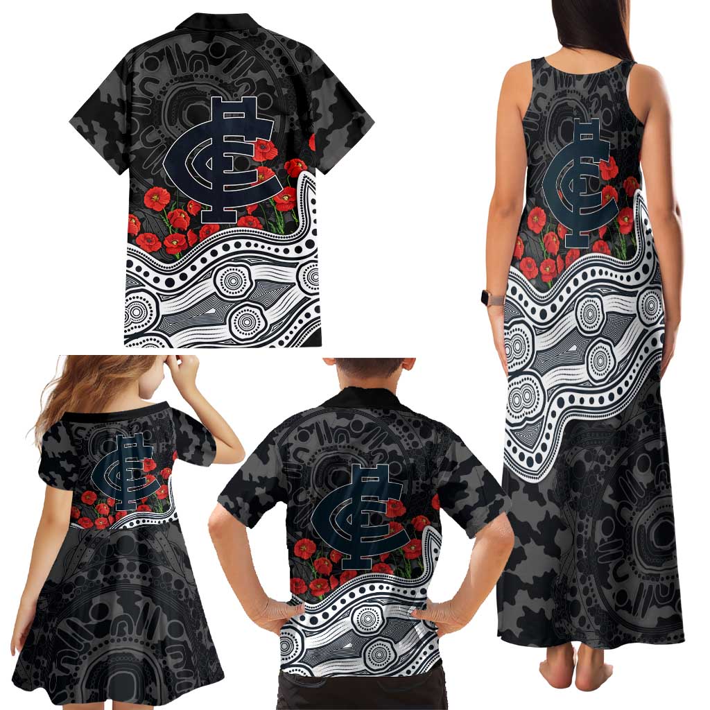 Carlton Blues ANZAC Day Family Matching Tank Maxi Dress and Hawaiian Shirt Indigenous Dot Art with Poppy Flower Tribute