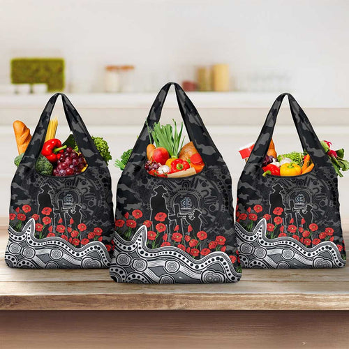 Carlton Blues ANZAC Day Grocery Bag Indigenous Dot Art with Poppy Flower Tribute