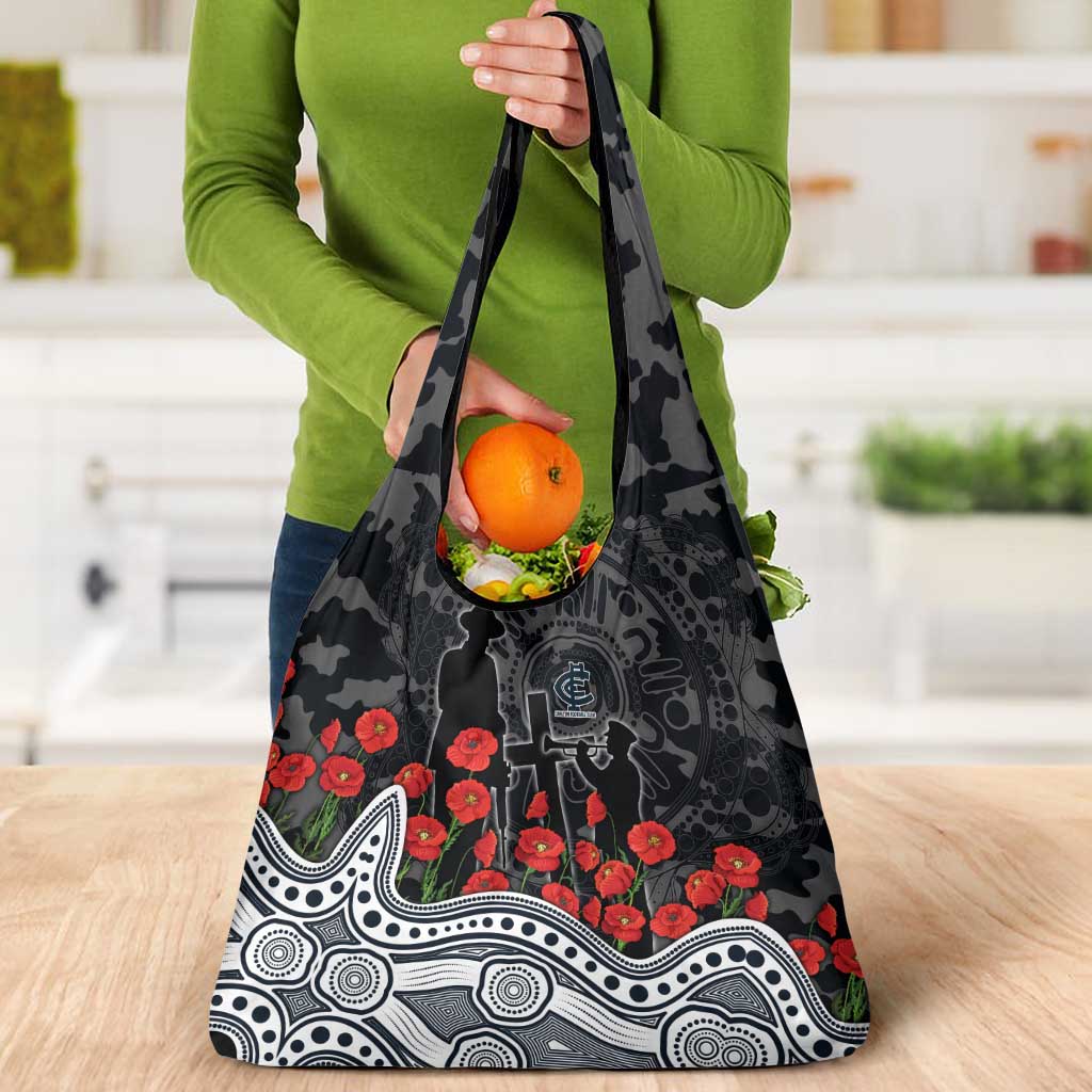 Carlton Blues ANZAC Day Grocery Bag Indigenous Dot Art with Poppy Flower Tribute